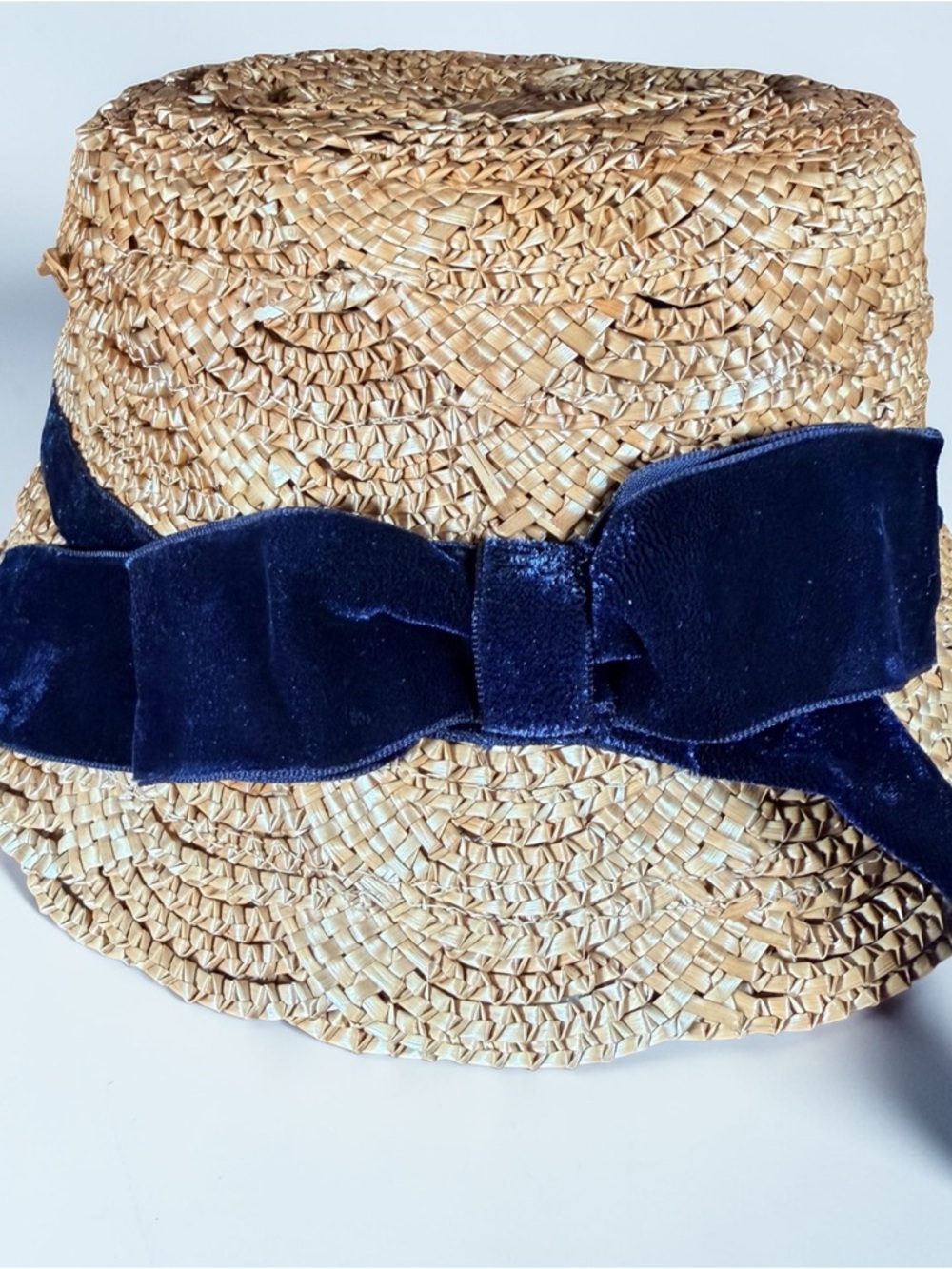 1950’s Straw Bucket Hat with Navy Velvet Bow